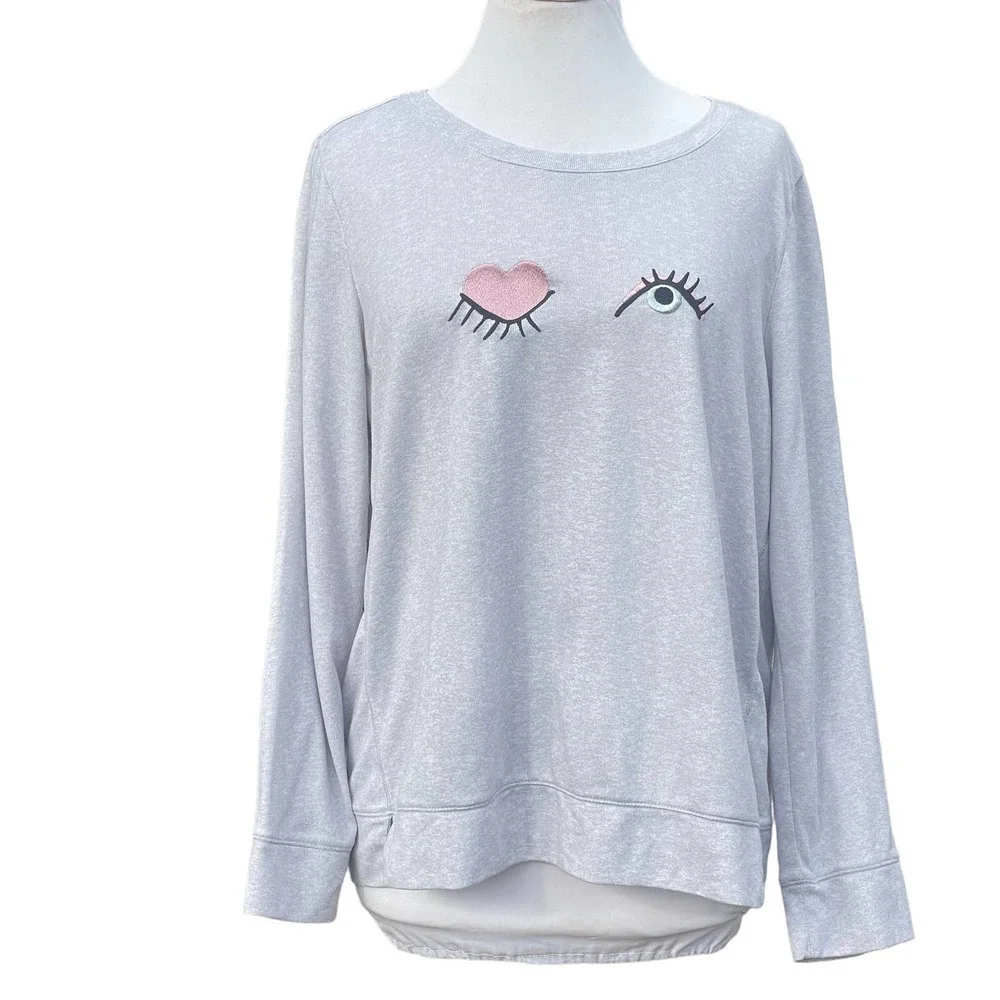 Kate Spade Sleepwear Wink Eye Gray Soft Knit Pajama Lounge Sleep Long Sleeve Top